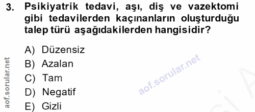 3. soru: Psikiyatrik tedavi, aşı, diş ve vazektomi gibi tedavilerden kaçınanların oluşturduğu talep türü aşağıdakilerden hangi…