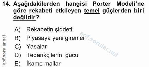 14. soru: Aşağıdakilerden hangisi Porter Modeli'ne göre rekabeti etkileyen temel güçlerden biri değildir? A) Rekabetin şiddeti…
