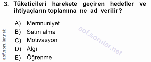 3. soru: Tüketicileri harekete geçiren hedefler ve ihtiyaçların toplamına ne ad verilir? A) Memnuniyet B) Satın alma C) Motiva…