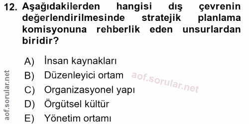 12. soru: Aşağıdakilerden hangisi dış çevrenin değerlendirilmesinde stratejik planlama komisyonuna rehberlik eden unsurlardan b…