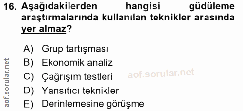 16. soru: Aşağıdakilerden hangisi güdüleme araştırmalarında kullanılan teknikler arasında yer almaz? A) Grup tartışması B) Ekon…