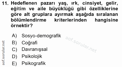 11. soru: Hedeflenen pazarı yaş, ırk, cinsiyet, gelir, eğitim ve aile büyüklüğü gibi özelliklerine göre alt gruplara ayırmak aş…