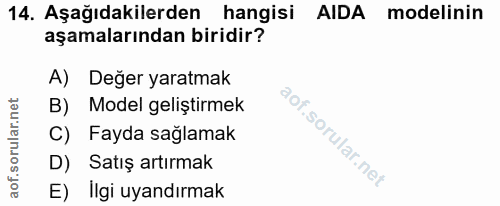 14. soru: Aşağıdakilerden hangisi AIDA modelinin aşamalarından biridir? A) Değer yaratmak B) Model geliştirmek C) Fayda sağlama…