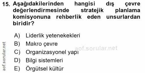 15. soru: Aşağıdakilerinden hangisi dış çevre değerlendirmesinde stratejik planlama komisyonuna rehberlik eden unsurlardan biri…