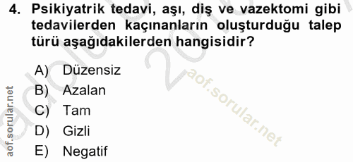 4. soru: Psikiyatrik tedavi, aşı, diş ve vazektomi gibi tedavilerden kaçınanların oluşturduğu talep türü aşağıdakilerden hangi…