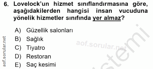 6. soru: Lovelock'un hizmet sınıflandırmasına göre, aşağıdakilerden hangisi insan vucuduna yönelik hizmetler sınıfında yer alm…
