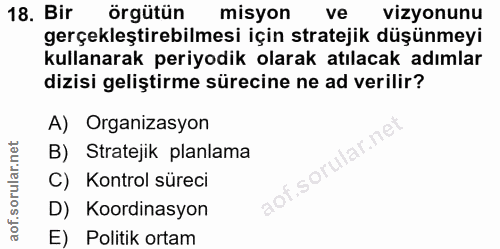 18. soru: Bir örgütün misyon ve vizyonunu gerçekleştirebilmesi için stratejik düşünmeyi kullanarak periyodik olarak atılacak ad…
