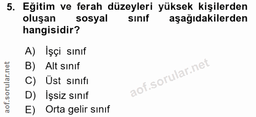 5. soru: Eğitim ve ferah düzeyleri yüksek kişilerden oluşan sosyal sınıf aşağıdakilerden hangisidir? A) İşçi sınıf B) Alt sını…