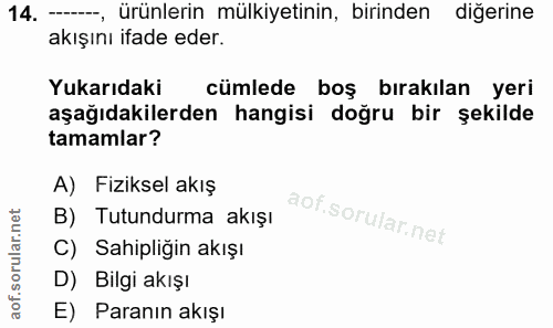14. soru: --, ürünlerin mülkiyetinin, birinden diğerine akışını ifade eder. Yukarıdaki cümlede boş bırakılan yeri aşağıdakilerd…