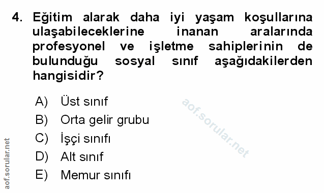 4. soru: Egitim alarak daha iyi yaşam koşullarına ulaşabileceklerine inanan aralarında profesyonel ve işletme sahiplerinin de…