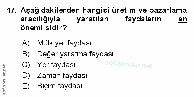 17. soru: Aşağıdakilerden hangisi üretim ve pazarlama aracılığıyla yaratılan faydaların en önemlisidir? A) Mülkiyet faydası B)…