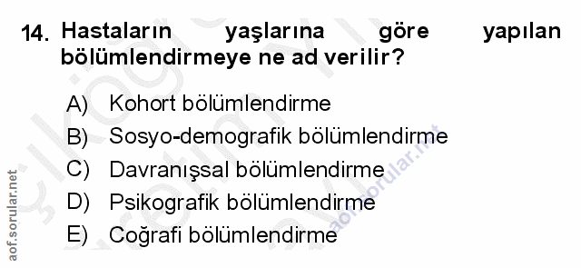 14. soru: Hastaların yaşlarına göre yapılan bölümlendirmeye ne ad verilir? A) Kohort bölümlendirme B) Sosyo-demografik bölümlen…