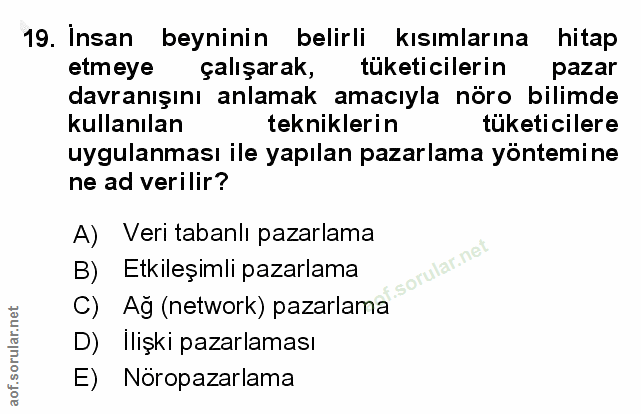 19. soru: Insan beyninin belirli kısımlarına hitap etmeye çalışarak, tüketicilerin pazar davranışını anlamak amacıyla nöro bili…