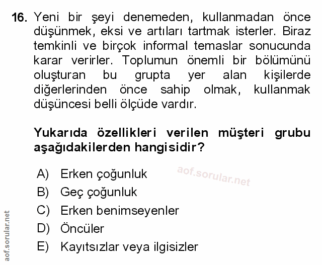 16. soru: Yeni bir şeyi denemeden, kullanmadan önce düşünmek, eksi ve artıları tartmak isterler. Biraz temkinli ve birçok infor…