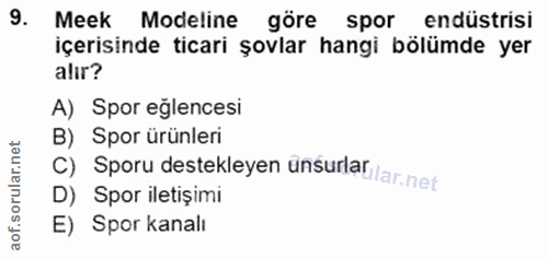 9. soru: Meek Modeline göre spor endüstrisi içerisinde ticari şovlar hangi bölümde yer alır? A) Spor eğlencesi B) Spor ürünler…