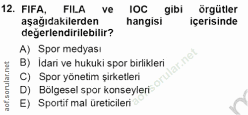 12. soru: FIFA, FILA ve IOC gibi örgütler aşağıdakilerden hangisi içerisinde değerlendirilebilir? A) Spor medyası lar.net B) Id…