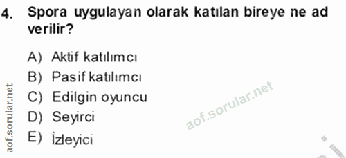 4. soru: Spora uygulayan olarak katılan bireye ne ad verilir? A) Aktif katılımcı B) Pasif katılımcı C) Edilgin oyuncu D) Seyir…