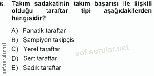6. soru: Takım sadakatinin takım başarısı ile ilişkili olduğu taraftar tipi aşağıdakilerden hangisidir? A) Fanatik taraftar B)…