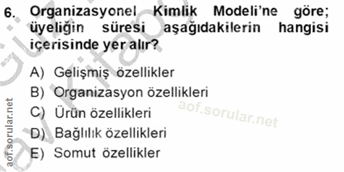 6. soru: , Organizasyonel Kimlik Modeli'ne göre; üyeliğin süresi aşağıdakilerin hangisi içerisinde yer alır? A) Gelişmiş özell…