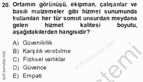 20. soru: Ortamın görünüşü, ekipman, çalışanlar ve basılı malzemeler gibi hizmet sunumunda kullanılan her tür somut unsurdan me…