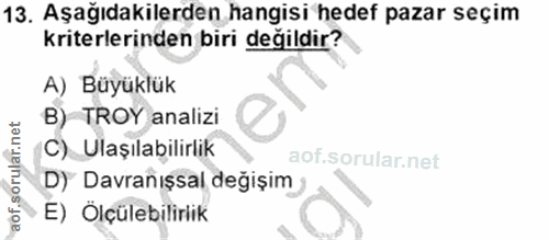 13. soru: Aşağıdakilerden hangisi hedef pazar seçim kriterlerinden biri değildir? A) Büyüklük B) TROY analizi C) Ulaşılabilirli…