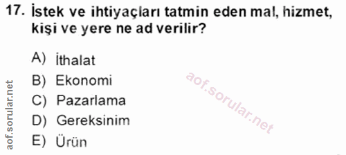 17. soru: İstek ve ihtiyaçiarı tatmin eden mal, hizmet, kişi ve yere ne ad verilir? A) İthalat B) Ekonomi C) Pazarlama D) Gerek…