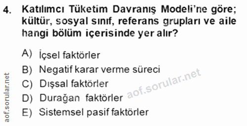 4. soru: Katılımcı Tüketim Davranış Modeli'ne göre; kültür, sosyal sınıf, referans grupları ve aile hangi bölüm içerisinde yer…