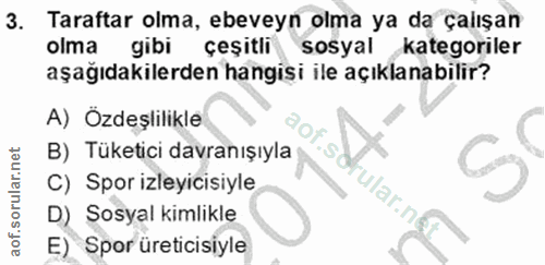 3. soru: Taraftar olma, ebeveyn olma ya da çalışan olma gibi çeşitli sosyal kategoriler aşağıdakilerden hangişi ile açıklanabi…