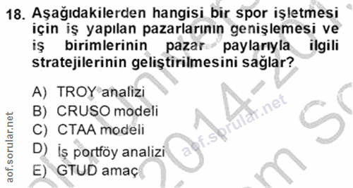 18. soru: Aşağıdakilerden hangisi bir spor işletmesi için iş yapılan pazarlarının genişlemesi ve iş I birimlerinin pazar paylar…