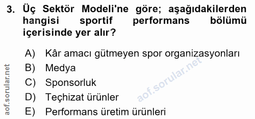 3. soru: Üç Sektör Modeli'ne göre; aşağıdakilerden hangisi sportif performans bölümü içerisinde yer alır? A) Kâr amacı gütmeye…