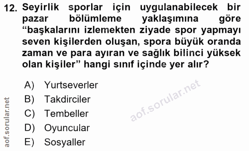 12. soru: Seyirlik sporlar için uygulanabilecek bir pazar bölümleme yaklaşımına göre "başkalarını izlemekten ziyade spor yapmay…