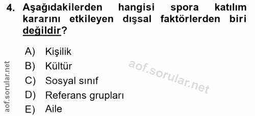 4. soru: Aşağıdakilerden hangisi spora katılım kararını etkileyen dışsal faktörlerden biri değildir? A) Kişilik B) Kültür C) S…