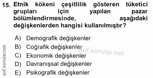 15. soru: Etnik kökeni çeşitlilik gösteren tüketici grupları için yapılan pazar bölümlendirmesinde, aşağıdaki değişkenlerden ha…