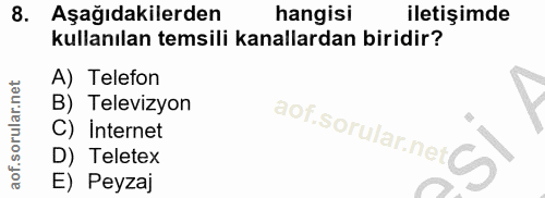 8. soru: Aşağıdakilerden hangisi iletişimde kullanılan temsili kanallardan biridir? A) Telefon B) Televizyon C) internet aof.s…