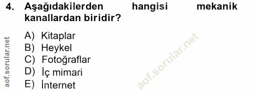 4. soru: Aşağıdakilerden hangisi mekanik kanallardan biridir? A) Kitaplar B) Heykel C) Fotoğraflar D) Iç mimari E) internet