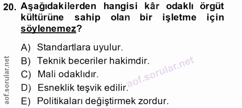 20. soru: Aşağıdakilerden hangisi kâr odaklı örgüt kültürüne sahip olan bir işletme için söylenemez? A) Standartlara uyulur. B)…