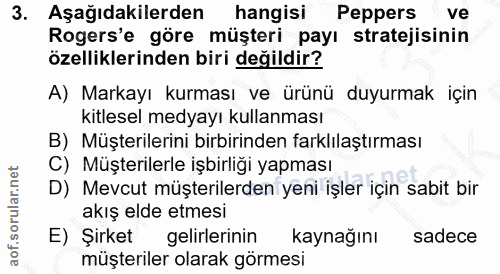 3. soru: Aşağıdakilerden hangisi Peppers ve Rogers'e göre müşteri payı stratejisinin özelliklerinden biri değildir? A) Markayı…