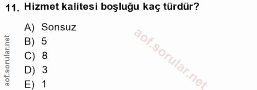 11. soru: Hizmet kalitesi boşluğu kaç türdür? A) Sonsuz B) 5 C) 8 D) 3 E) 1