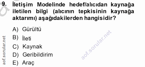 9. soru: İletişim Modelinde hedef/alıcıdan kaynağa iletilen bilgi (alıcının tepkisinin kaynağa aktarımı) aşağıdakilerden hangi…