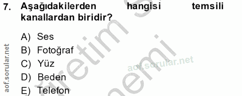 7. soru: Aşağıdakilerden hangisi temsili kanallardan biridir? A) Ses B) Fotograf y C) Yüz ao@aqular.net D) Beden E) Telefon