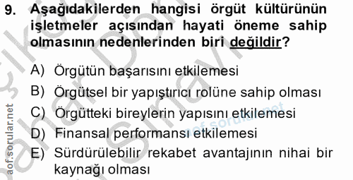 9. soru: Aşağıdakilerden hangisi örgüt kültürünün işletmeler açısından hayati öneme sahip olmasının nedenlerinden biri değildi…