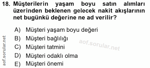 18. soru: Müşterilerin yaşam boyu satın alimları üzerinden beklenen gelecek nakit akışlarının net bugünkü değerine ne ad verili…