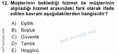 12. soru: Müşterinin beklediği hizmet ile müşterinin algıladığı hizmet arasındaki fark olarak ifade edilen kavram aşağıdakilerd…