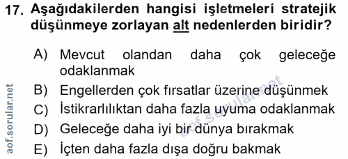 17. soru: Aşağıdakilerden hangisi işletmeleri stratejik düşünmeye zorlayan alt nedenlerden biridir? A) Mevcut olandan daha çok…