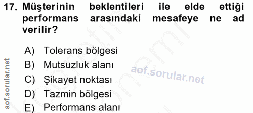 17. soru: Müşterinin beklentileri ile elde ettiği performans arasındaki mesafeye ne ad verilir? A) Tolerans bölgesi B) Mutsuzlu…