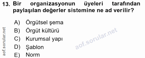 13. soru: Bir organizasyonun üyeleri tarafından paylaşılan değerler sistemine ne ad verilir? A) Örgütsel șema B) Örgüt kültürü…