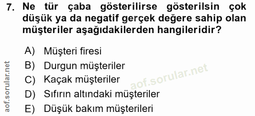 7. soru: Ne tür çaba gösterilirse gösterilsin çok düşük ya da negatif gerçek değere sahip olan müşteriler aşağıdakilerden hang…