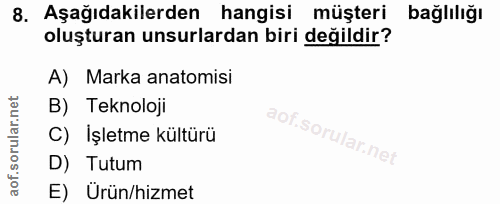 8. soru: Aşağıdakilerden hangisi müşteri bağlılığı oluşturan unsurlardan biri değildir? A) Marka anatomisi B) Teknoloji C) İşl…