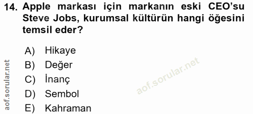 14. soru: Apple markası için markanın eski CEO'su Steve Jobs, kurumsal kültürün hangi öğesini temsil eder? A) Hikaye B) Deger C…