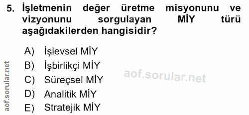 5. soru: İşletmenin değer üretme misyonunu ve vizyonunu sorgulayan MIY türü aşağıdakilerden hangisidir? A) İşlevsel MIY B) İşb…